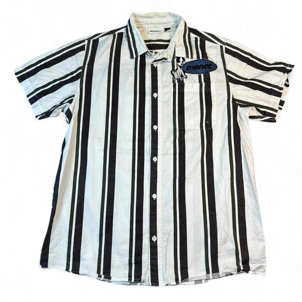 Monet Skateboards Button Up Shirt Mens Size Medium Puppy Logo Striped Y2K